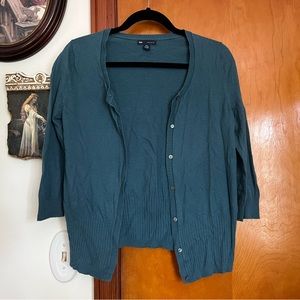 gap teal 3/4 sleeve cotton silk blend super soft button down cardigan